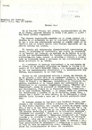 Expediente de concesión de la medalla del mérito al Trabajo a D. Ramón Menéndez Pidal