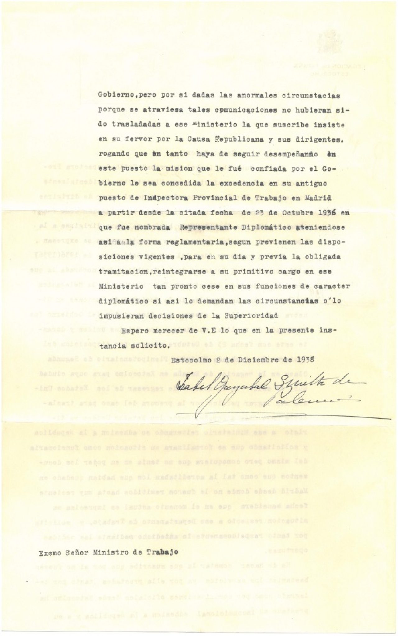 Carta de Isabel Oyarzábal Smith como Ministro de España