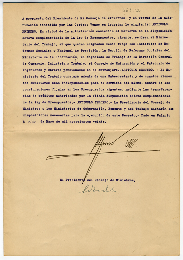 Documento 4. AGA, "R.D. creando el Ministerio de Trabajo. Articulado con firmas originales de Alfonso XIII y Eduardo Dato", 1920, sig. 51/10372, exp. 568/4