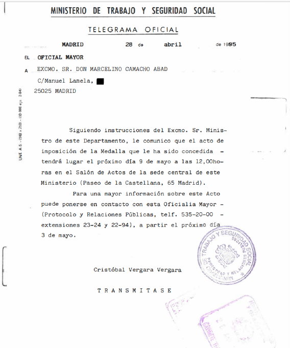Télégramme annonçant à Marcelino Camacho la remise de la médaille du mérite au travail