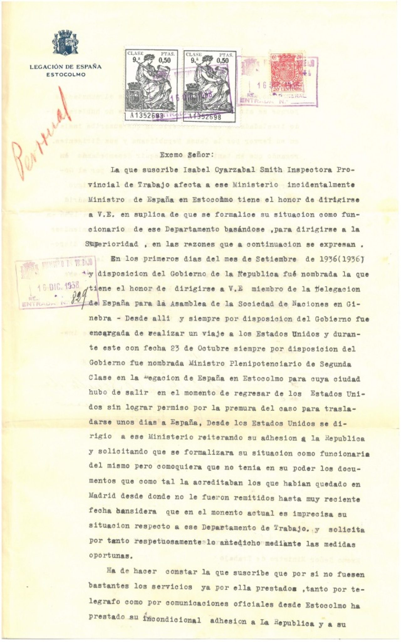 Carta de Isabel Oyarzábal Smith como Ministro de España
