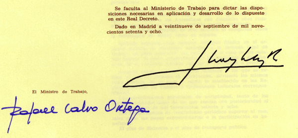 Firma de Juan Carlos I al pie del Real Decreto 2458/1978