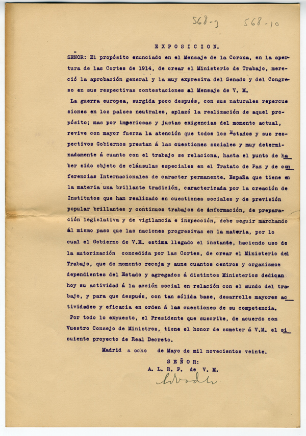 Documento 3. AGA, "R.D. creando el Ministerio de Trabajo. Exposición con firma original de Eduardo Dato", 1920, sig. 51/10372, exp. 568/3