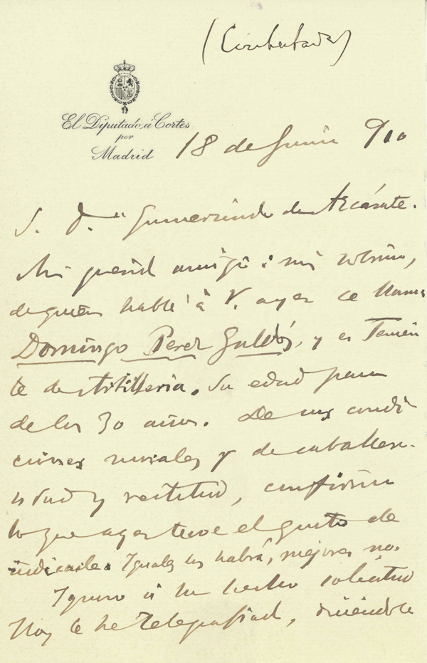 Carta escritor Benito Perez Galdo-Anverso